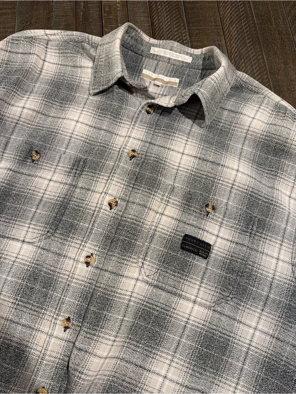 Perry Ellis Gray and White Plaid Button-Down Shirt